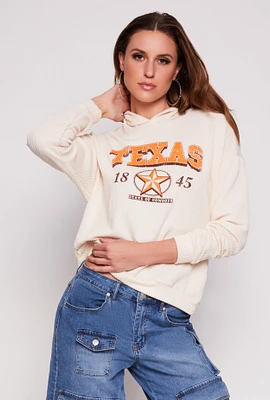 Womens Ribbed Texas Graphic Pullover Hoodie, White, Size L