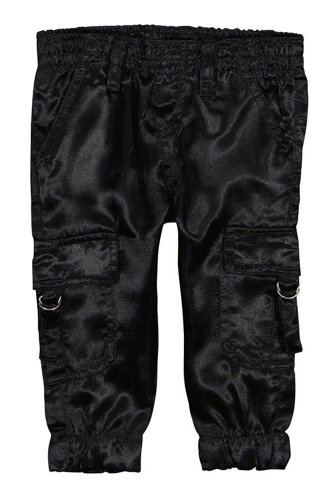 Toddler Girls Satin Cargo Pants, Black, Size 2T