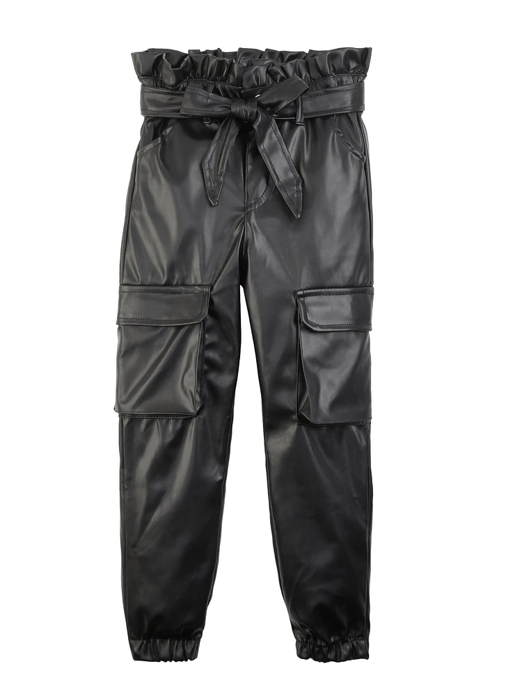 Toddler Girls Faux Leather Cargo Pocket Joggers, Black, Size 2T