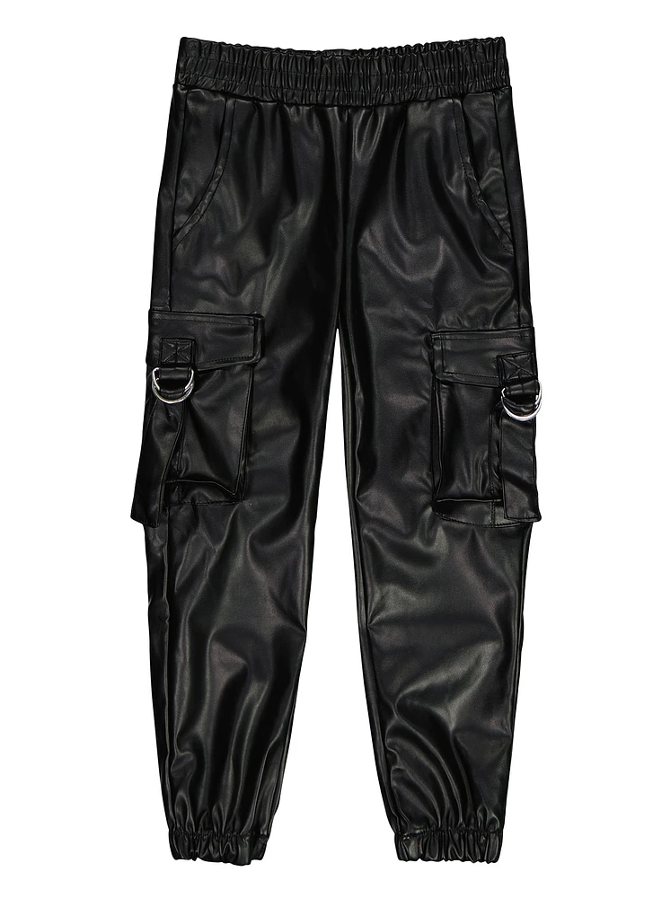 Toddler Girls Faux Leather Tabbed Cargo Joggers, Black, Size 3T