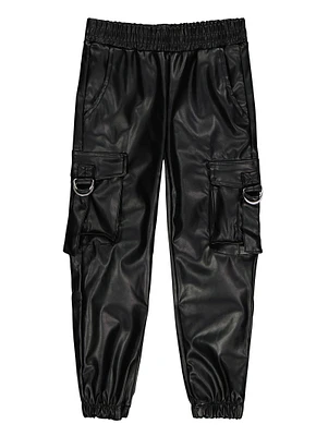 Toddler Girls Faux Leather Tabbed Cargo Joggers, Black, Size 3T