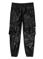 Toddler Girls Faux Leather Tabbed Cargo Joggers, Black, Size 3T
