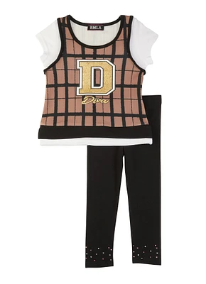 Toddler Girls D Diva Graphic Top and Leggings, Brown, Size 2T