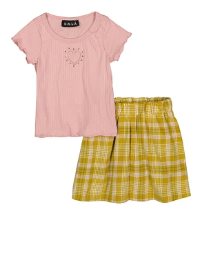 Toddler Girls Rib Knit Heart Keyhole T Shirt and Skort, Multi, Size 4T