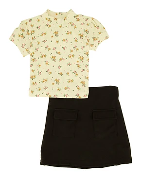 Toddler Girls Floral Print Mock Neck Top and Skirt, White, Size 2T