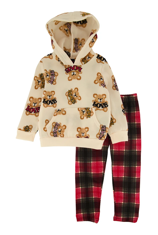 Toddler Girls Love Teddy Bear Print Hoodie and Plaid Leggings, Multi,