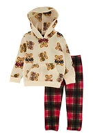 Toddler Girls Love Teddy Bear Print Hoodie and Plaid Leggings, Multi, Size 3T