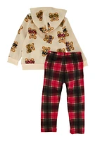 Toddler Girls Love Teddy Bear Print Hoodie and Plaid Leggings, Multi, Size 3T