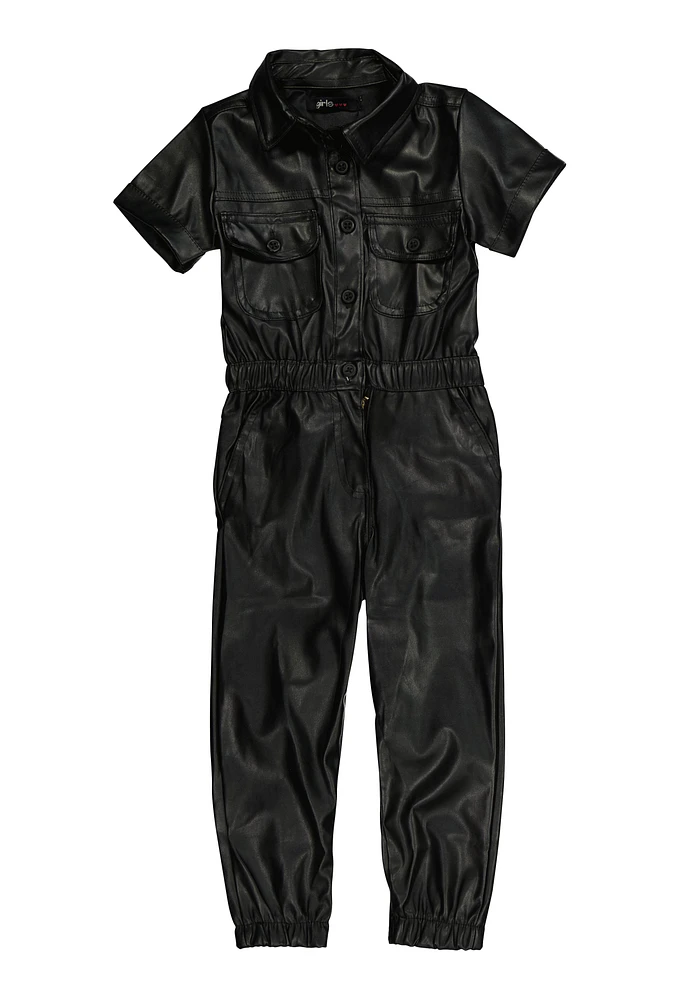 Toddler Girls Faux Leather Shirt Collar Jumpsuit, Black, Size 2T