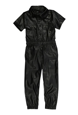 Toddler Girls Faux Leather Shirt Collar Jumpsuit, Black, Size 2T