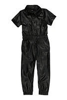 Toddler Girls Faux Leather Shirt Collar Jumpsuit, Black, Size 2T