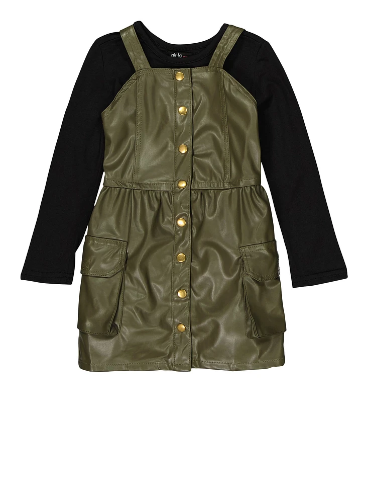 Toddler Girls Faux Leather Cargo Dress with Long Sleeve Top, Green,