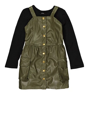 Toddler Girls Faux Leather Cargo Dress with Long Sleeve Top, Green,