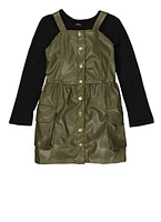 Toddler Girls Faux Leather Cargo Dress with Long Sleeve Top, Green,