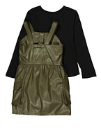 Toddler Girls Faux Leather Cargo Dress with Long Sleeve Top, Green,