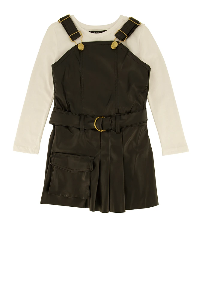 Toddler Girls Faux Leather Pleated Overall Dress with Top, Black, Size 2T