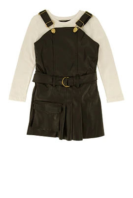 Toddler Girls Faux Leather Pleated Overall Dress with Top,