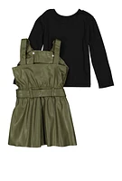 Toddler Girls Faux Leather Pleated Overall Dress with Top, Green, Size 2T