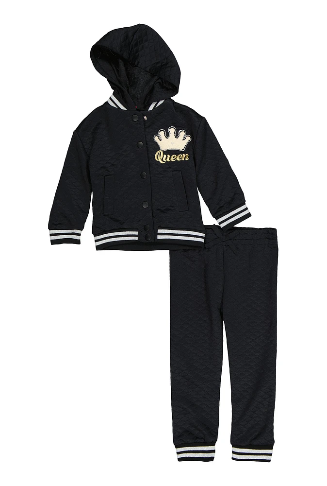 Toddler Girls Queen Quilted Hooded Jacket and Joggers, Black, Size 2T