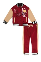 Toddler Girls Love Graphic Varsity Jacket and Joggers, Red, Size 2T