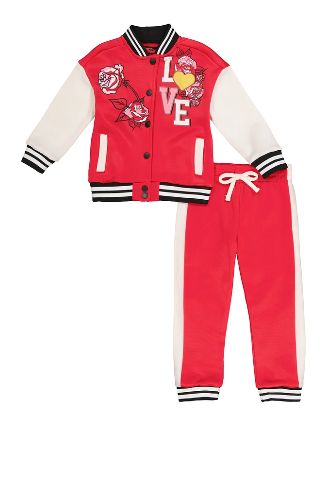 Toddler Girls Love Graphic Varsity Jacket and Joggers,