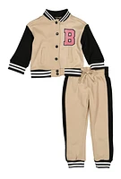 Toddler Girls Boss Bear Graphic Varsity Jacket and Joggers, Beige, Size 3T