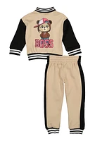 Toddler Girls Boss Bear Graphic Varsity Jacket and Joggers, Beige, Size 3T