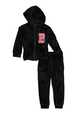 Toddler Girls Velour B Initial Chenille Patch Hoodie and Joggers,