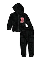 Toddler Girls Velour B Initial Chenille Patch Hoodie and Joggers, Black, Size 3T