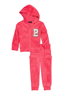 Toddler Girls Velour B Initial Chenille Patch Hoodie and Joggers, Pink, Size 3T