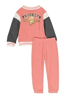 Toddler Girls 98 Brooklyn New York Bear Jacket and Sweatpants, Pink, Size 3T