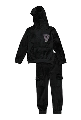 Toddler Girls Rhinestone V Initial Velour Hoodie and Cargo Joggers,