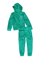 Toddler Girls Rhinestone V Initial Velour Hoodie and Cargo Joggers, Green, Size 2T