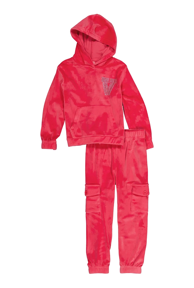 Toddler Girls Rhinestone V Initial Velour Hoodie and Cargo Joggers, Pink, Size 4T