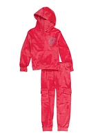 Toddler Girls Rhinestone V Initial Velour Hoodie and Cargo Joggers, Pink, Size 4T