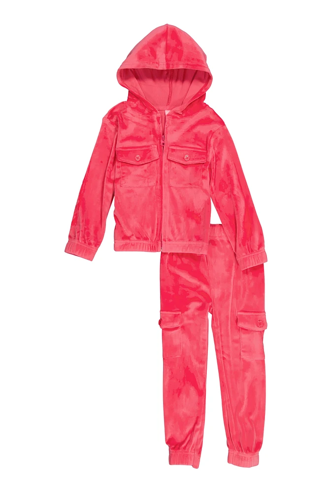 Toddler Girls Velour Hooded Sweatshirt and Cargo Joggers, Pink, Size 2T