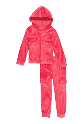 Toddler Girls Velour Hooded Sweatshirt and Cargo Joggers, Pink, Size 2T