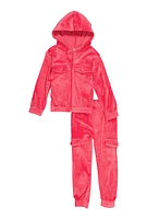 Toddler Girls Velour Hooded Sweatshirt and Cargo Joggers, Pink, Size 2T