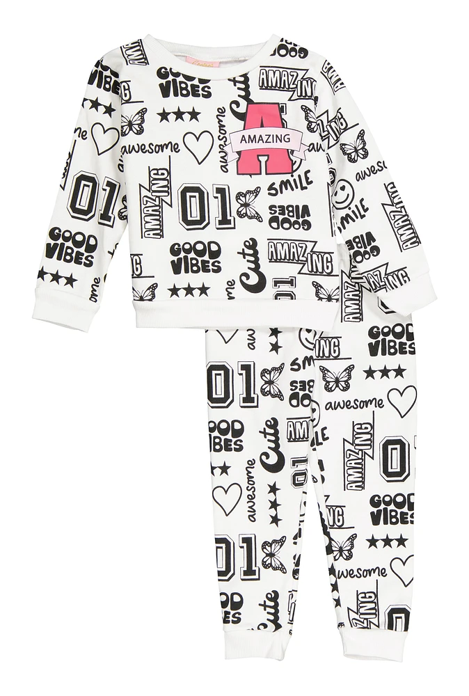 Toddler Girls Printed Pattern Sweatshirt and Joggers, White, Size 3T