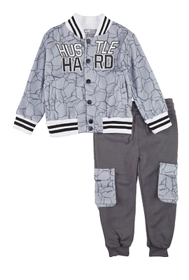 Toddler Boys Hustle Hard Bomber Jacket with Joggers, Grey, Size 4T