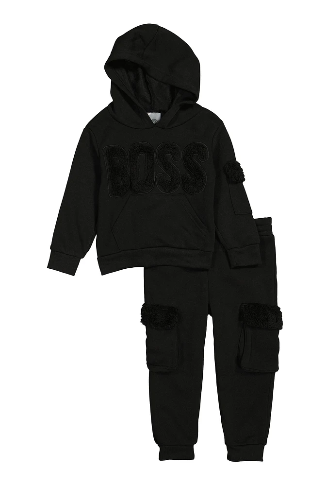 Toddler Boys Boss Graphic Pullover Hoodie and Joggers, Black, Size 4T