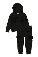 Toddler Boys Boss Graphic Pullover Hoodie and Joggers, Black, Size 4T