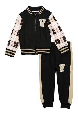 Toddler Boys V Initial Plaid Varsity Jacket and Joggers, Black, Size 2T