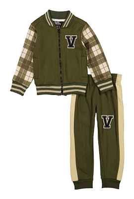 Toddler Boys V Initial Plaid Varsity Jacket and Joggers, Green, Size 2T