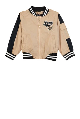 Toddler Girls Love Embroidered Varsity Bomber Jacket, Beige, Size 3T