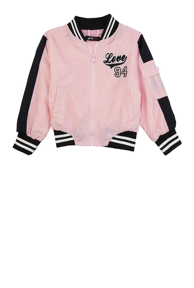 Toddler Girls Love Embroidered Varsity Bomber Jacket, Pink, Size 2T