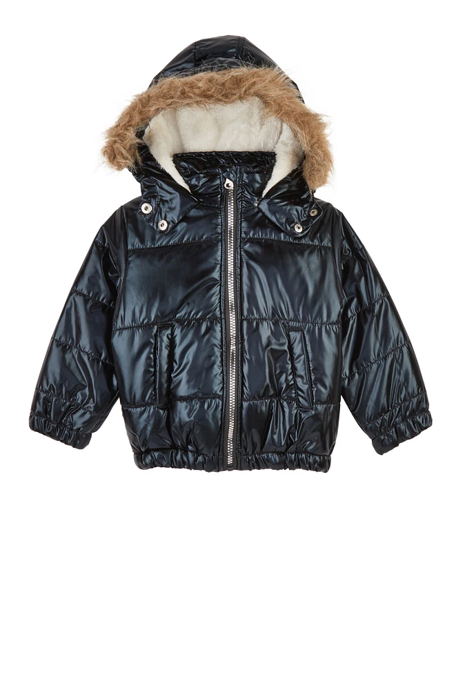Toddler Girls Metallic Faux Fur Trim Puffer Jacket, Black, Size 4T