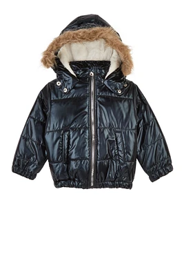 Toddler Girls Metallic Faux Fur Trim Puffer Jacket, Black, Size 4T