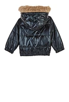 Toddler Girls Metallic Faux Fur Trim Puffer Jacket, Black, Size 4T