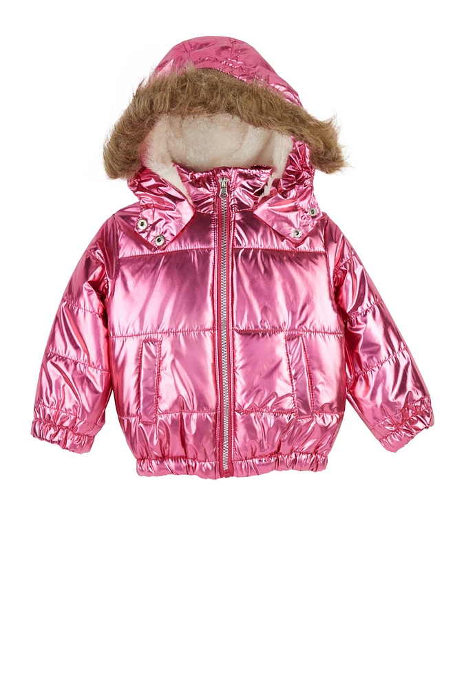 Toddler Girls Metallic Faux Fur Trim Puffer Jacket, Pink, Size 2T